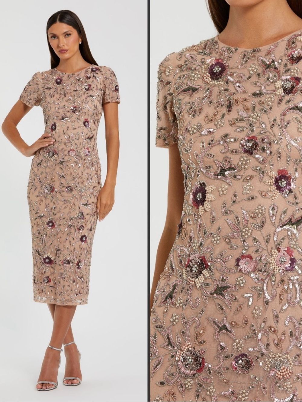 NWT MAC DUGGAL 10102
Beige Floral Embellished Short Sleeve Midi Dress Size 4